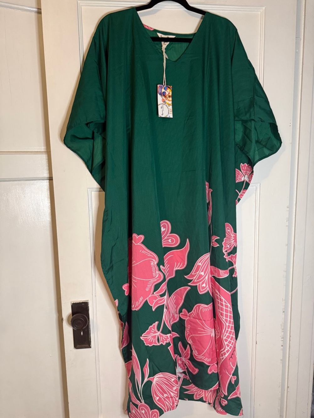 Green Floral Caftan Dress with Pink Bloom Print